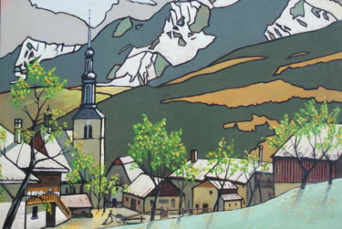 Peinture intitulée "Clocher de Combloux" par Yves André, Œuvre d'art originale, Huile