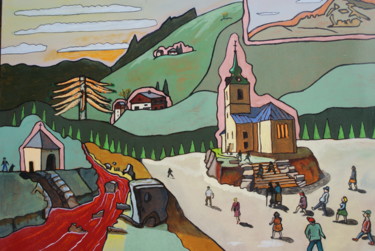 Painting titled "L'église de Belleco…" by Yves André, Original Artwork, Oil