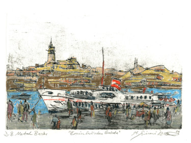 Painting titled "Eminönü Port - İSTA…" by Ahmet Şinasi İŞler, Original Artwork, Etching
