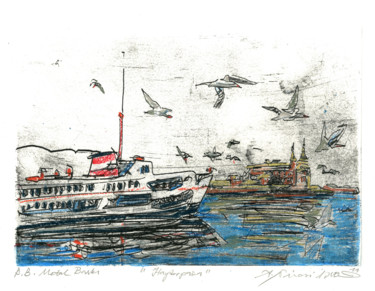 Painting titled "Ship in Bosphours -…" by Ahmet Şinasi İŞler, Original Artwork, Etching