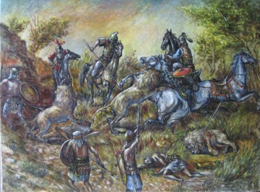 Painting titled "охота на львов" by Askar Karimov, Original Artwork, Oil
