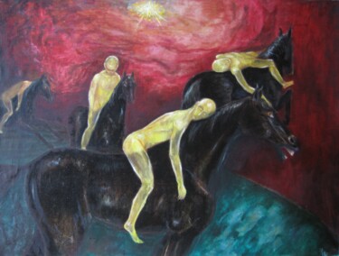 Ζωγραφική με τίτλο "всадники" από Аскар Каримов, Αυθεντικά έργα τέχνης, Λάδι