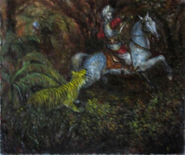 Painting titled "тигр!" by Askar Karimov, Original Artwork, Oil Mounted on Wood Stretcher frame