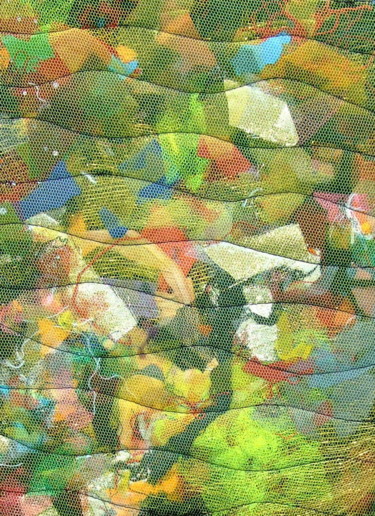 Textilkunst mit dem Titel "Amas jaune 1" von Jean Pierre Avonts-Saint-Lager, Original-Kunstwerk, Stoff Auf Holzplatte montie…