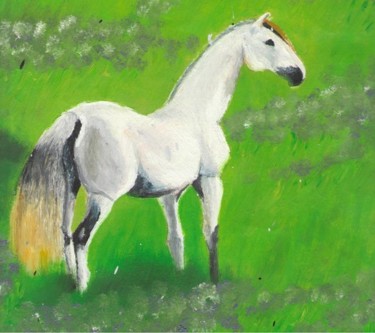 Peinture intitulée "Cheval dans prairie" par Sybille Asloun, Œuvre d'art originale