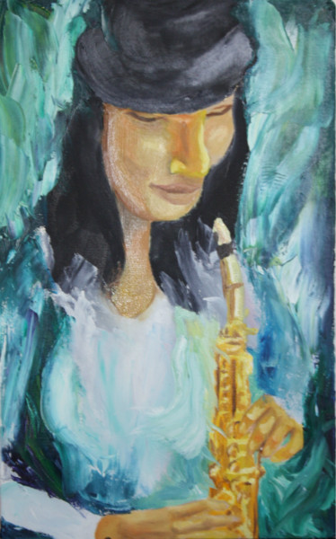 Painting titled "Sista Sax" by Ashley Spencer, Original Artwork, Oil