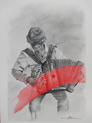 Pittura intitolato "L'accordéoniste de…" da Assia Benkahoul, Opera d'arte originale, Acquarello