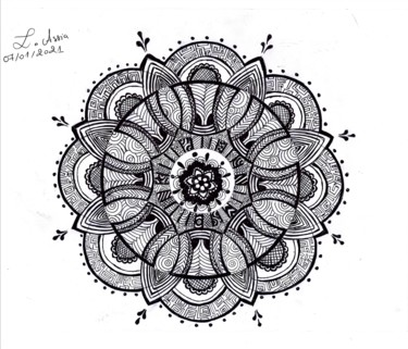 Dessin intitulée "Mandala" par Assia Lounas, Œuvre d'art originale, Stylo à bille