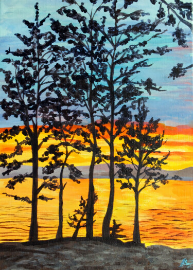 Painting titled "Sunset by the Lake" by Asya Ignatova, Original Artwork, Acrylic