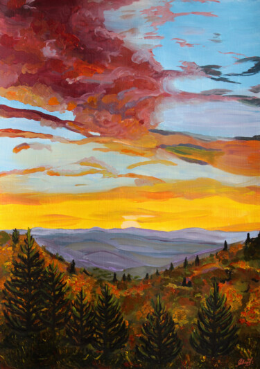 Schilderij getiteld "Autumn Sunset" door Asya Ignatova, Origineel Kunstwerk, Acryl