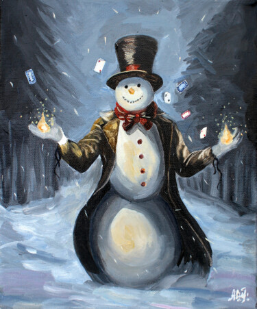 Schilderij getiteld "Snowman Magician" door Asya Ignatova, Origineel Kunstwerk, Olie