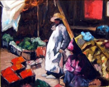 Peinture intitulée "petit marché" par Assya Djellab, Œuvre d'art originale