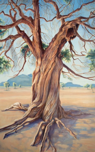 Schilderij getiteld "The Camp Acacia" door Asta Caplan, Origineel Kunstwerk, Olie