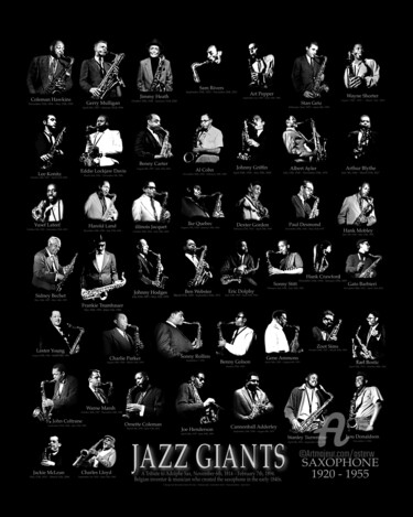 Collagen mit dem Titel "JAZZ GIANTS SAX 192…" von Astr, Original-Kunstwerk, Fotomontage Auf Aluminium montiert