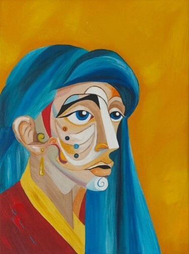 Painting titled "Le turban bleu" by Astrid Honoré, Original Artwork, Acrylic Mounted on Wood Stretcher frame
