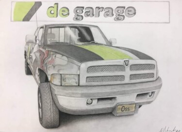 Dessin intitulée "Dodge Ram Garage" par Astrid Warakomski, Œuvre d'art originale, Conté