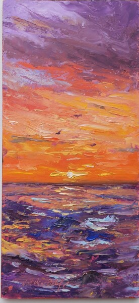 Painting titled "Sunset over the oce…" by Atalia, Original Artwork, Oil Mounted on Other rigid panel