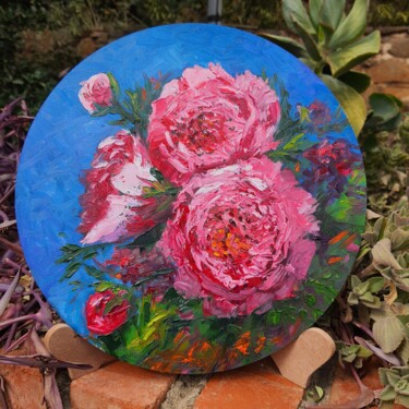Painting titled "Pink roses and peon…" by Atalia, Original Artwork, Oil