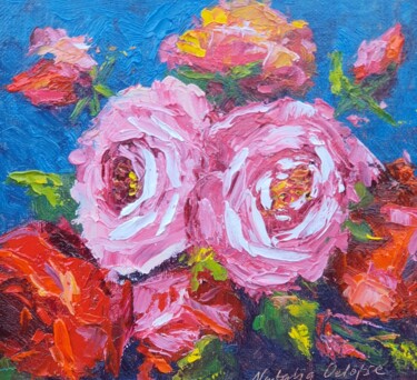 Peinture intitulée "Pink red roses bouq…" par Atalia, Œuvre d'art originale, Huile