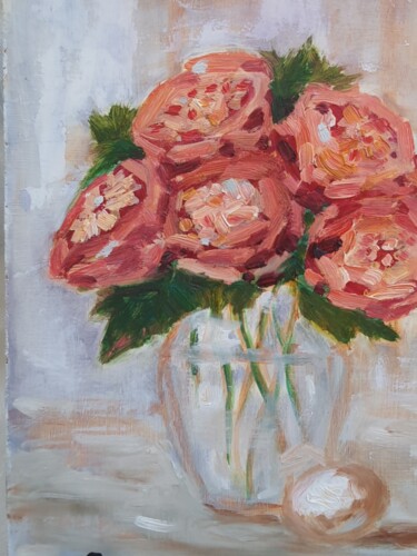 Painting titled "Orange roses in vase" by Atalia, Original Artwork, Oil
