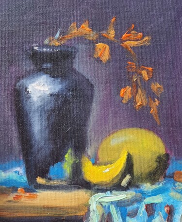 Painting titled "Black vase with mel…" by Atalia, Original Artwork, Oil