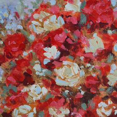 Pintura intitulada "Rose bush oil paint…" por Atalia, Obras de arte originais, Óleo Montado em Painel de madeira
