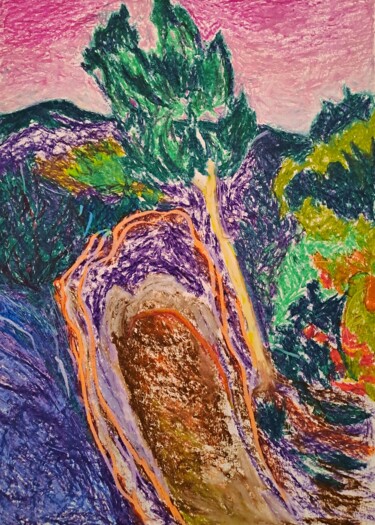 Desenho intitulada "Paysage pastel gras…" por Atelier Linea, Obras de arte originais, Pastel