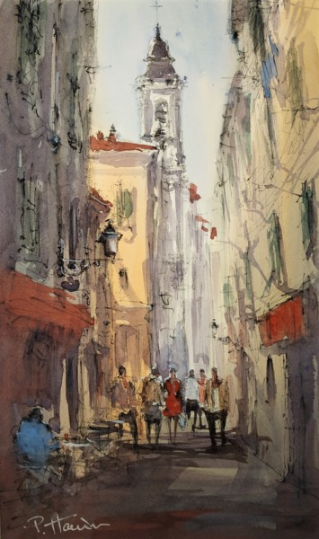 Painting titled "Ruelle Vieux Nice 1…" by Patrick Hanin, Original Artwork, Watercolor Mounted on Cardboard