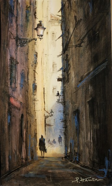 Painting titled "Ruelle Vieux Nice 1…" by Patrick Hanin, Original Artwork, Watercolor Mounted on Cardboard