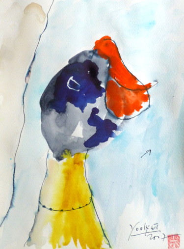 Malerei mit dem Titel "Frau  & Vogel" von Yoolyus, Original-Kunstwerk, Aquarell