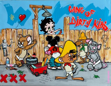 绘画 标题为“Gang of dirty Kids” 由Patrice Almodovar, 原创艺术品, 丙烯 安装在木质担架架上