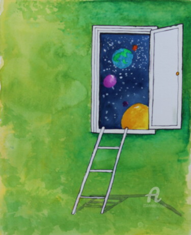 Schilderij getiteld "Ecapade galactique" door Corinne Brossier (Atelier de l'imaginaire), Origineel Kunstwerk, Aquarel