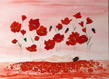Painting titled "COQUELICOTS" by Lucile Plancke Delassus, Original Artwork, Acrylic Mounted on Wood Stretcher frame