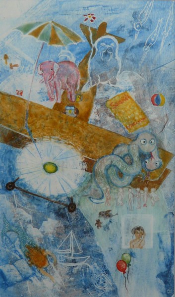 Painting titled "A la plage" by Martine Sezer, Original Artwork, Tempera Mounted on Cardboard