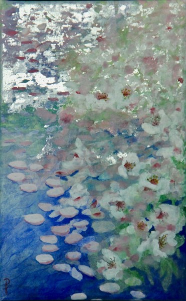 「" L'étang aux fleur…」というタイトルの絵画 Pascale Kuentzによって, オリジナルのアートワーク, 顔料 ウッドストレッチャーフレームにマウント