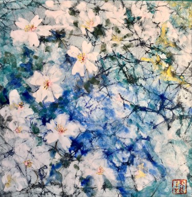 Painting titled "Sakura givrées" by Pascale Kuentz, Original Artwork, Pigments Mounted on Cardboard