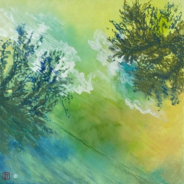 Ζωγραφική με τίτλο "L'étang aux oliviers" από Pascale Kuentz, Αυθεντικά έργα τέχνης, Χρωστικές ουσίες Τοποθετήθηκε στο Ξύλιν…