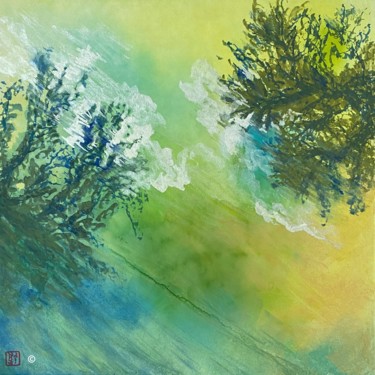 L'étang aux oliviers Peinture intitulée "L'étang aux oliviers" par Pascale Kuentz, Œuvre d'art originale, Pigments Monté sur Panneau de bois