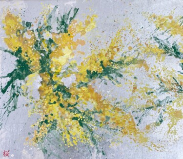 Painting titled ""Les mimosas" 55X45…" by Pascale Kuentz, Original Artwork, Pigments Mounted on Wood Stretcher frame