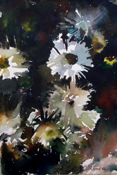 Painting titled "Fleurs blanches 1" by Nathalia Chipilova, Original Artwork, Watercolor