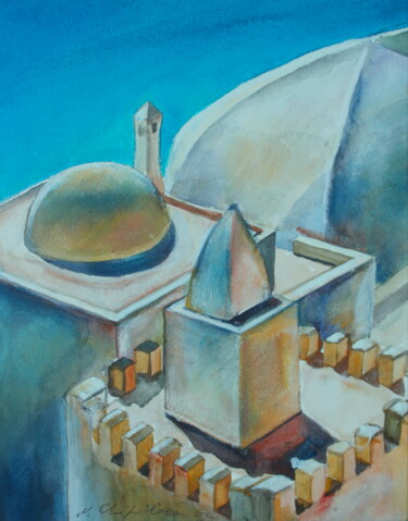 Painting titled "Medina blanche 1" by Atelier N N . Art Store By Nat, Original Artwork, Watercolor Mounted on Cardboard