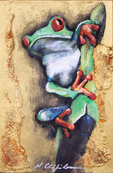 Painting titled "Grenouille Verte 1" by Atelier N N . Art Store By Nat, Original Artwork, Acrylic Mounted on Wood Stretcher…