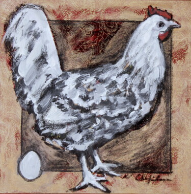 Painting titled "Poule blanche" by Atelier N N . Art Store By Nat, Original Artwork, Acrylic