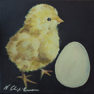 Painting titled "Poussin et œuf" by Atelier N N . Art Store By Nat, Original Artwork, Acrylic