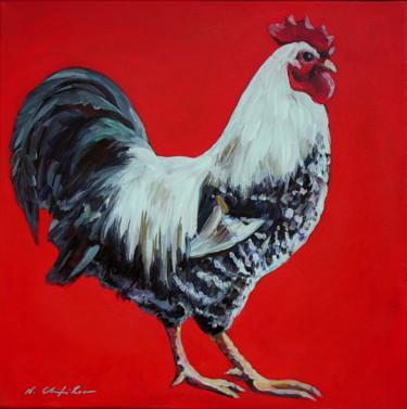 Painting titled "Coq blanc (sussex)…" by Atelier N N . Art Store By Nat, Original Artwork, Acrylic