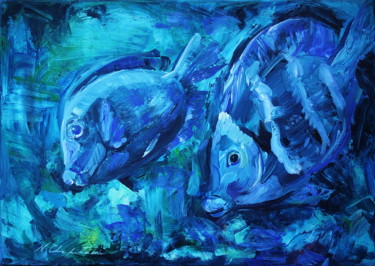 Schilderij getiteld "Blue fisches" door Atelier N N . Art Store By Nat, Origineel Kunstwerk, Acryl