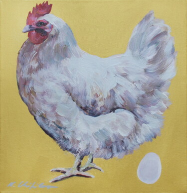 Painting titled "Poule blanche sur or" by Atelier N N . Art Store By Nat, Original Artwork, Acrylic Mounted on Wood Stretche…