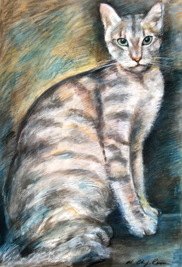 Drawing titled "Chat gris" by Atelier N N . Art Store By Nat, Original Artwork, Pastel