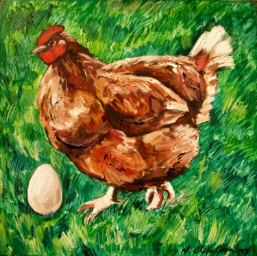 Painting titled "Poule cache son oeuf" by Atelier N N . Art Store By Nat, Original Artwork, Acrylic