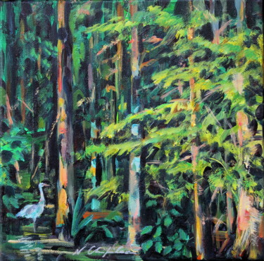 Painting titled "Into the wood, heron" by Atelier N N . Art Store By Nat, Original Artwork, Acrylic
